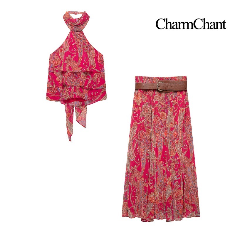 Midi Skirt Floral - CHARMCHANT Damski Zestaw Dwuczęściowy: Top Bez