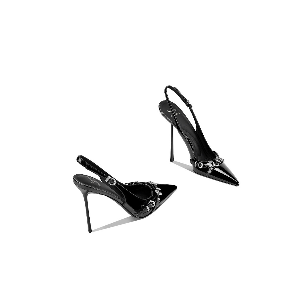 Sandal Strappy Heeled - Modne czarne sandały damskie z ostrym